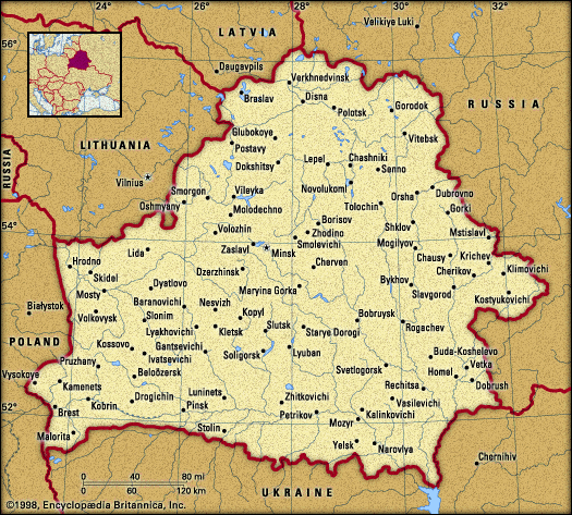 Belarus. Cities, towns and borders